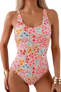Costum de baie, o piesa, model delicat, prindere la spate metalica si chilot decupaj clasic, imprimeu floral, tematica romatic summer roz multicolor