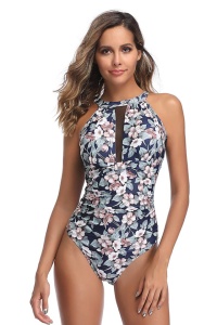 Costum de baie, o piesa, model elegant, imprimeu floral, chilot decupaj clasic croi ingust, tematica chill summer albastru
