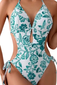 Costum de baie, o piesa, model provocator, prindere dupa gat, spate gol, chilot decupaj clasic croi ingust reglabil, tematica feeling sexy verde