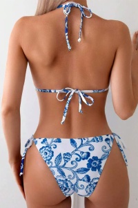 Costum de baie, o piesa, model provocator, prindere dupa gat, spate gol, chilot decupaj clasic croi ingust reglabil, tematica feeling sexy albastru - Img 2