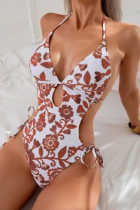 Costum de baie, o piesa, model provocator, prindere dupa gat, spate gol, chilot decupaj clasic croi ingust reglabil, tematica feeling sexy maro - Img 3