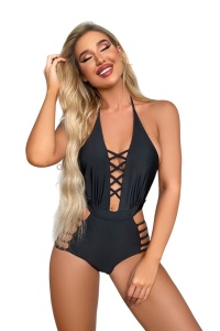 Costum de baie, o piesa, model super sexy, coapse dezgolite, decolteu adanc tip corset, spate gol, tematica feeling confident negru
