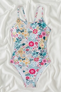 Costum de baie, o piesa, model vesel, bretele subtiri si chilot decupaj clasic, tematica poveste de vara alb cu multicolor - Img 4