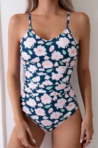 Costum de baie, o piesa, model vesel, imprimeu cu flori delicate, bretele subtiri si chilot decupaj clasic, tematica I love summer flower albastru cu roz - Img 3
