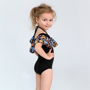 Costum de baie pentru fetite, prindere reglabila dupa gat, model chic elegant, tematica florala, cordon asortat, negru - Img 3