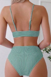 Costum de baie, set 2 piese, model atragator, sutien tip bustiera, cupe triunghiulare si chilot talie inalta decupaj clasic, tematica feeling confident alb cu verde - Img 2