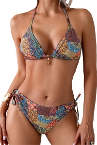 Costum de baie, set 2 piese, model clasic senzual, sutien cupe triunghiulare si chilot decupaj clasic reglabil, tematica happy summer days multicolor