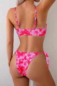 Costum de baie, set 2 piese, model deosebit, vesel, sutien tip bustiera si chilot decupaj clasic croi ingust, tematica summer dream rosu cu roz - Img 2