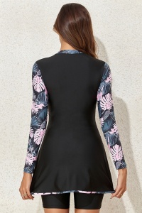 Costum de baie, set 2 piese, model elegant, bluza tip rochie cu maneci lungi si pantaloni scurti, imprimeu floral, tematica cool vibe negru cu multicolor - Img 4
