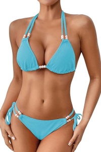Costum de baie, set 2 piese, model jucaus, sutien cupe triunghiulare si chilot decupaj clasic croi ingust, accesorii delicate, tematica summer vibe albastru deschis - Img 4
