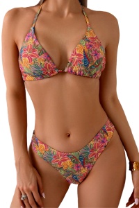 Costum de baie, set 2 piese, model minimalist, imprimeu floral, sutien cupe triunghiulare reglabil si chilot decupaj clasic croi ingust, tematica jungle flowers multicolor