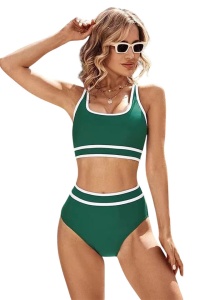 Costum de baie, set 2 piese, model super confortabil cu detaliu de contrast, sutien tip bustiera si chilot talie inalta, tematica happy summer day verde inchis cu alb