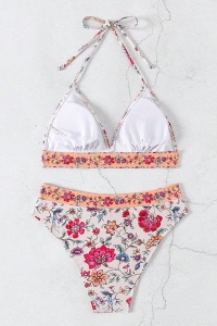 Costum de baie, set 2 piese, model vesel incitant, sutien cupe triunghiulare si chilot talie inalta coapsa dezgolita, tematica happy summer days bej multicolor - Img 4