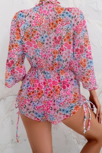 Costum de baie, set 3 piese, model cute senzual cu floricele, sutien minimalist cupe triunghiulare, chilot decupaj clasic croi ingust si cover cu pantalonasi scurti reglabil, tematica love summer vibe roz multicolor - Img 2