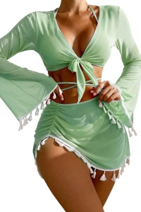 Costum de baie, set 4 piese, model vesel jucaus, accesorii ciucurei, sutien prindere crossbody, chilot decupaj clasic croi ingust, top scurt maneci lungi si fusta scurta semitransparenta, tematica beach party mood verde