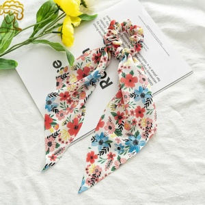 Elastic de par, accesorizat cu funda ponytail, model fantezie cu flori, imprimeu floral, albastru - Img 2