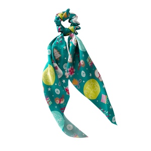 Elastic de par, model de sarbatoare cu prelungire tip ponytail, imprimeu vesel cu tematica de Craciun, verde inchis