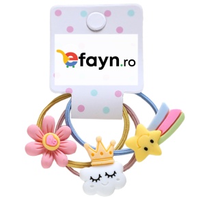 Elastic par pentru copii, set 3 bucati, model jucaus, cu accesorii curcubeu si norisor, multicolor
