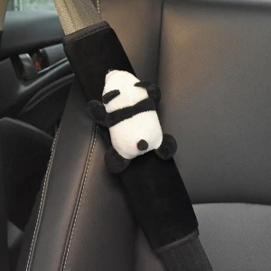 Husa de protectie pentru centura de siguranta auto, pentru copii, model lumea animalelor, din material textil, prindere cu scai velcro, ursulet panda somnoros, negru - Img 2
