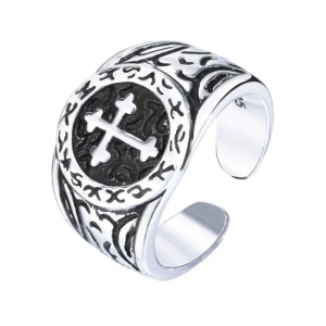 Inel retro, model cruce crestina, tematica religioasa holy cross, marime universala, reglabil, unisex, argintiu,