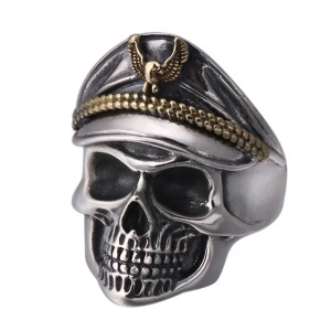 Inel retro, model cu cap de schelet de aviator, tematica pilot cazut la datorie, marime universala, reglabil, unisex, argintiu,