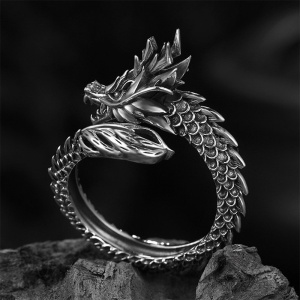 Inel retro, model dragon antic, tematica flying mythical creature, reglabil, marime universala, unisex, argintiu, - Img 3
