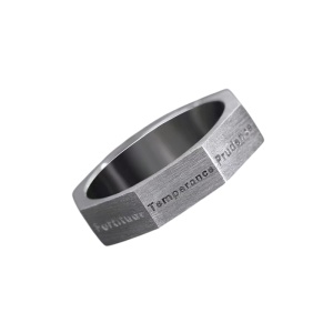 Inel unisex, model minimalist industrial, tematica self-discipline, reglabil, argintiu,