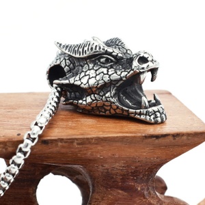 Lant cu pandantiv cap de dragon, model creaturi mitice, tematica fantasy world, unisex, argintiu, - Img 2