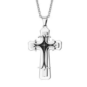 Lant cu pandantiv cruce argintie, negru cu argintiu, unisex