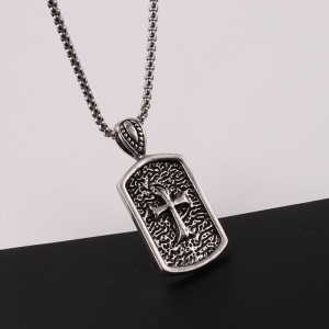 Lant cu pandantiv cruce, model shield cross, tematica religioasa, unisex, argintiu, - Img 4