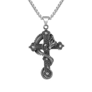 Lant cu pandantiv cruce si dragon, unisex, argintiu,