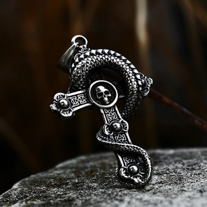 Lant cu pandantiv cruce si dragon, unisex, argintiu, - Img 3