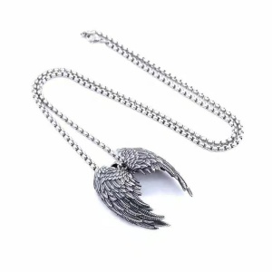 Lant cu pandantiv, model aripi fallen angel, unisex, argintiu inchis, - Img 2
