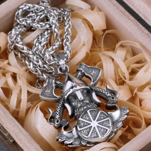 Lant cu pandantiv, model cu dual axe wielding viking, tematica valhalla is calling, unisex, argintiu, - Img 2