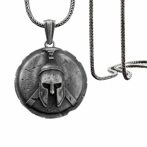 Lant cu pandantiv, model cu luptator spartan, tematica brave warrior, unisex, argintiu inchis,