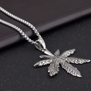 Lant cu pandantiv model marijuana, unisex, argintiu inchis, - Img 4