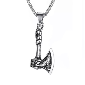 Lant cu pandantiv topor, model viking, unisex, argintiu metalizat,