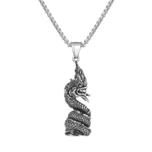 Lant cu tematica mitologie chinezeasca, pandantiv dragon in flacari, unisex, argintiu metalizat,