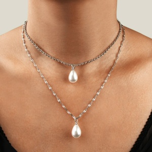 Lant dama, model dublat cu pandantiv margele, delicat, tematica I love pearls, argintiu - Img 2