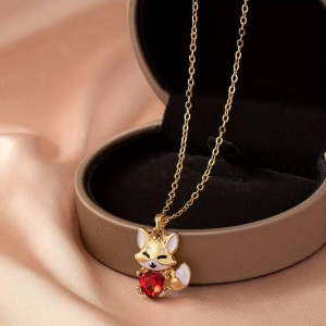 Lant dama, pandantiv cu vulpita cute, accesorizat cu cristale, tematica happy fox, auriu cu rosu - Img 3