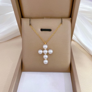 Lant dama, pandantiv delicat, model cu cruce accesorizata cu margele fashion, tematica believer, reglabil, auriu - Img 3
