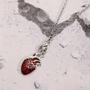 Lant dama, pandantiv special in forma de inima, tematica dragon heart, rosu cu argintiu - Img 3