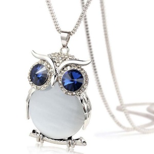 Lant dama, pandativ bufnita cu cristale, argintiu cu cristal alb, simbol Feng Shui,