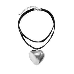 Lant dama tip colier choker, pandantiv inima supradimensionata, model elegant, tematica big heart, reglabil, argintiu