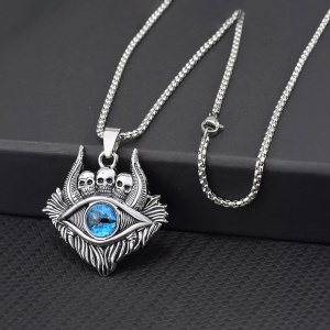 Lant demon world, cu pandantiv evil eye cu detalii capete de schelet, unisex, albastru, - Img 2