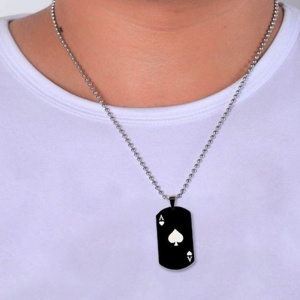 Lant, model carti de joc poker, pandantiv carte de joc castigatoare “As”, unisex, negru, - Img 3