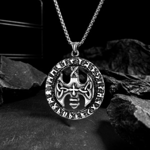 Lant model celtic, pandantiv rotund cu rune, unisex, argintiu, - Img 3