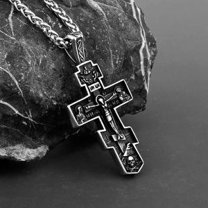 Lant, model crestin, pandantiv cruce, detalii multiple, unisex, argintiu, - Img 2