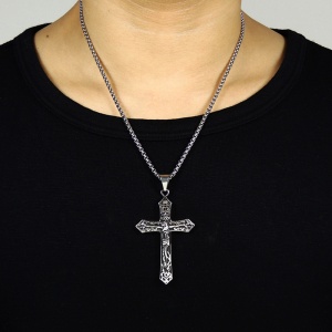 Lant model religios, cu pandantiv cruce INRI, unisex, argintiu, - Img 3