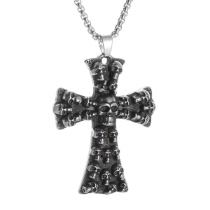 Lant retro gotic cu pandantiv cruce formata din capete de schelet, model exorcism, tematica religioasa, unisex, argintiu,